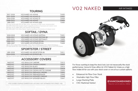 Vance & Hines VO2 Naked Air Cleaner Kit for Stock Cover 71035